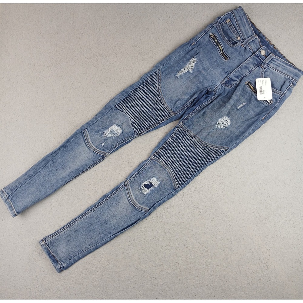 boohooMAN Biker Skinny Jeans Mens 28R Blue Distressed Ribbed Moto Streetwear